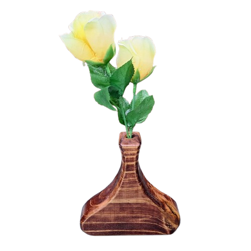 Wooden vase with yellow artificial roses on a white background